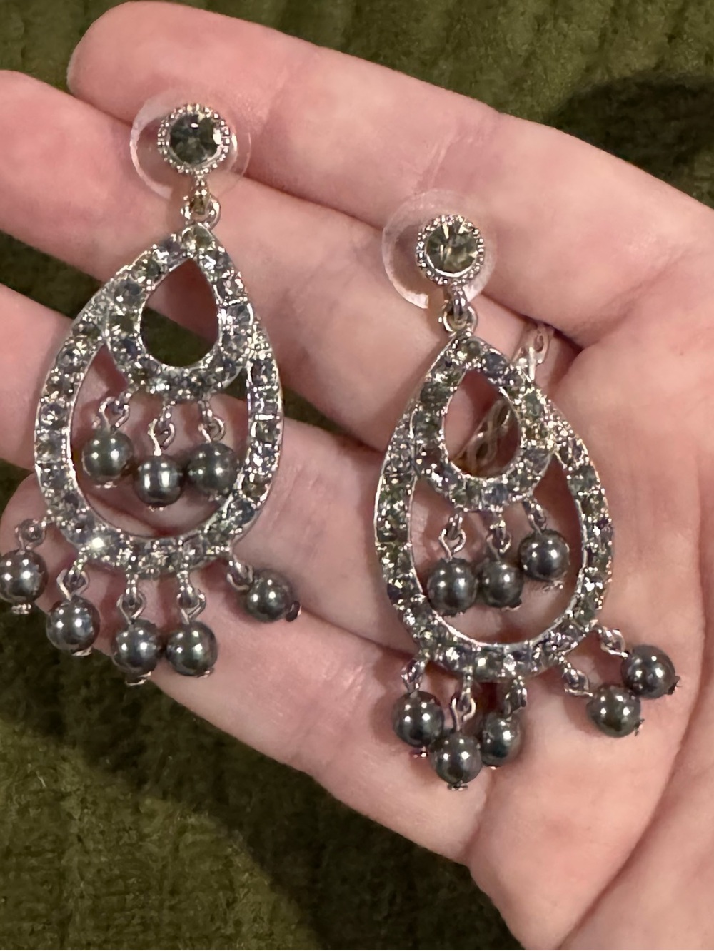 Silver and Gunmetal Bead Teardrop Dangle Earrings w/ Rhinestones- Glam! - Picture 2 of 4